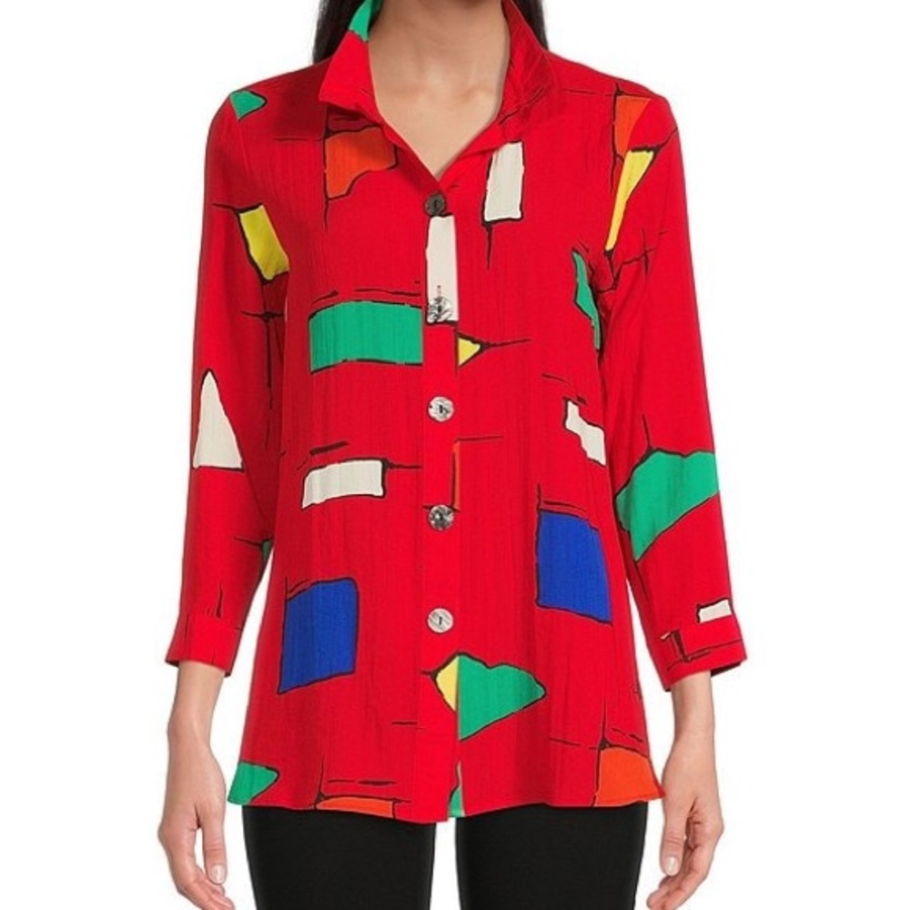 Ali Miles Tunic Art to Wear Crinkle Fabric Wire Collar 3/4 Sleeve Top